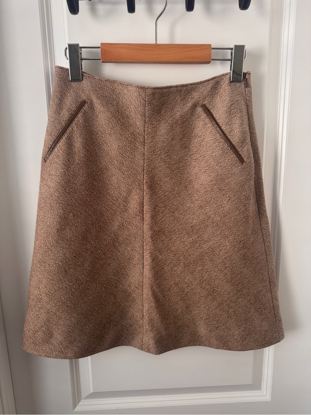 Classic A-Line Brown Wool Skirt With Faux Leather Detail